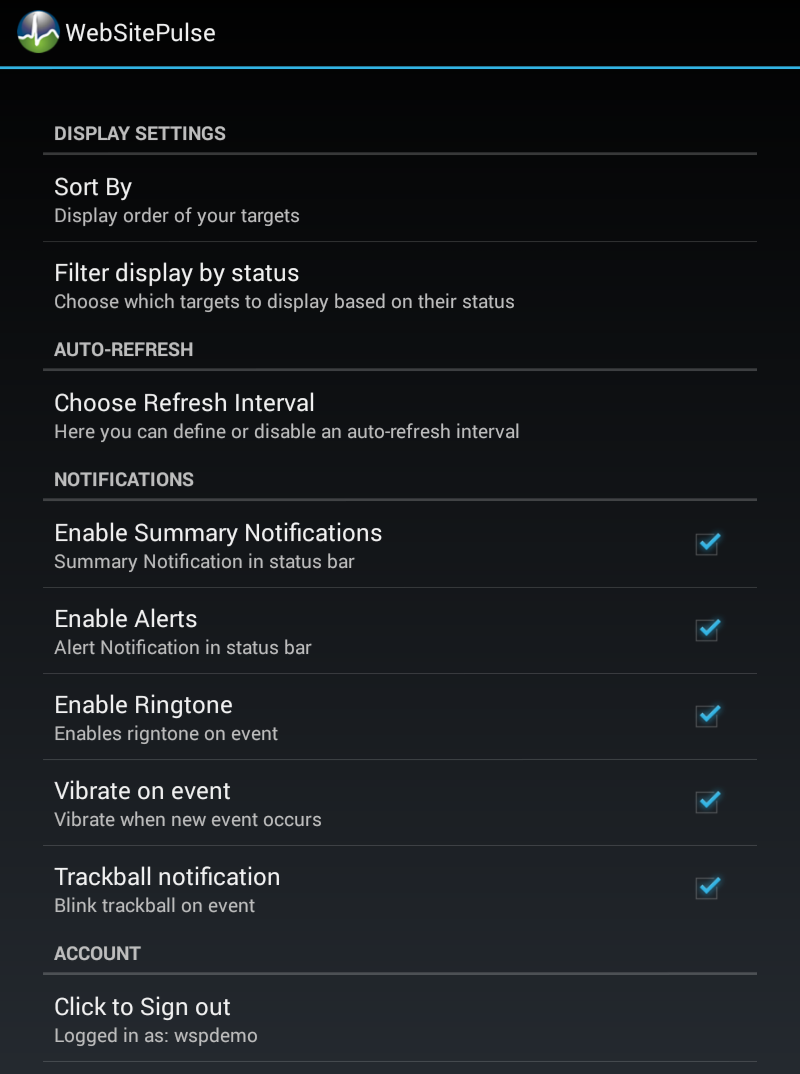 Current Status Application for Android settings