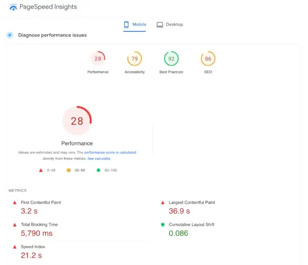 Core web vitals report in pagespeed insights