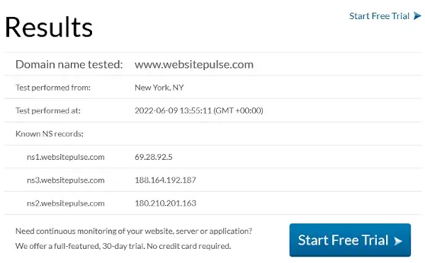 WebSitePulse NS Lookup test results